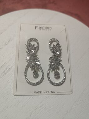 Silver Crystal Leaf Drop Earrings